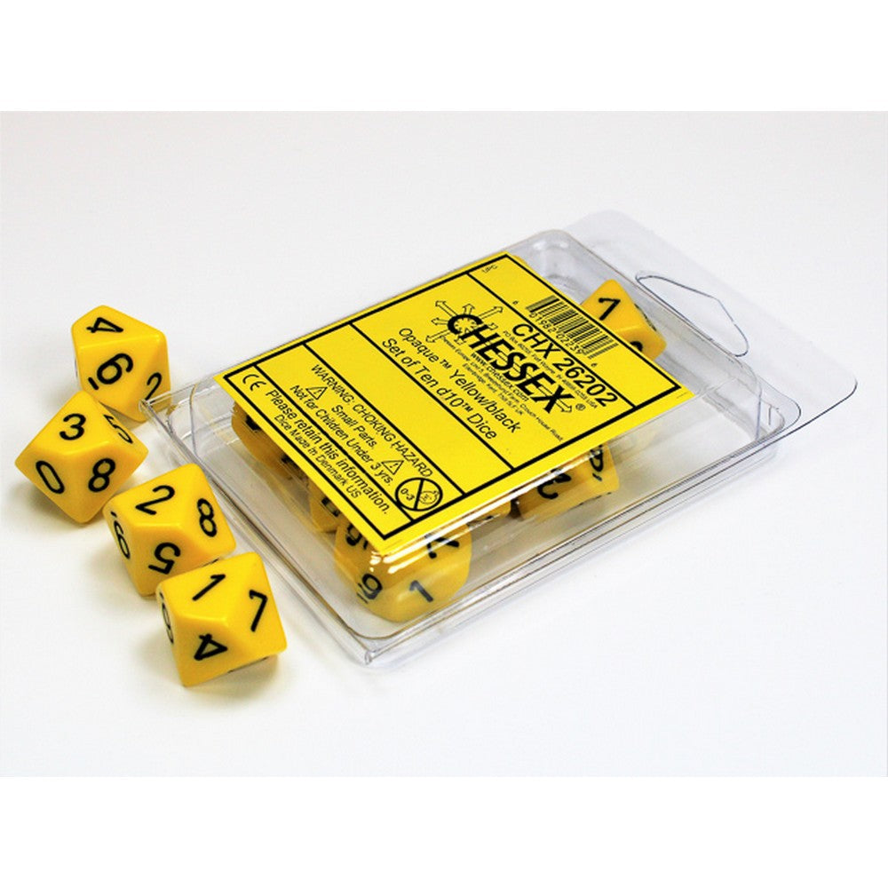 Chessex set of ten yellow d10 dice in clear packaging, with several dice spilled out