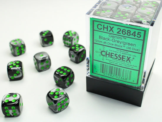 Chessex D6 Gemini 12mm d6 Black-Grey/green Dice Block (36 dice) - Good Games