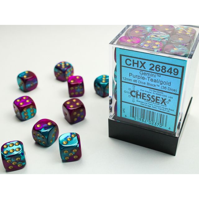 Gemini Purple - Teal/gold 12mm d6 Dice Block (36 dice)