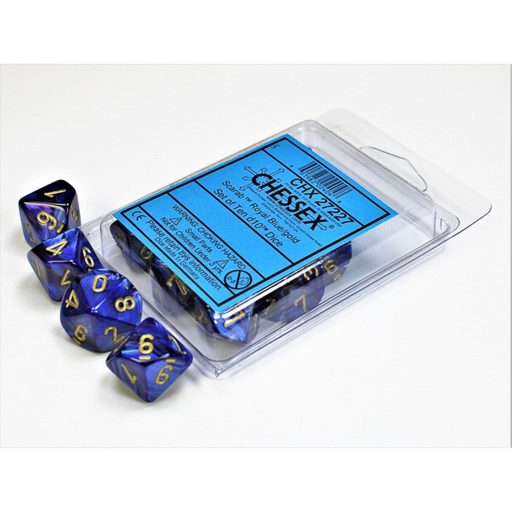 A set of blue and gold marbled d10 dice, some spilled from clear packaging with a blue Chessex label
