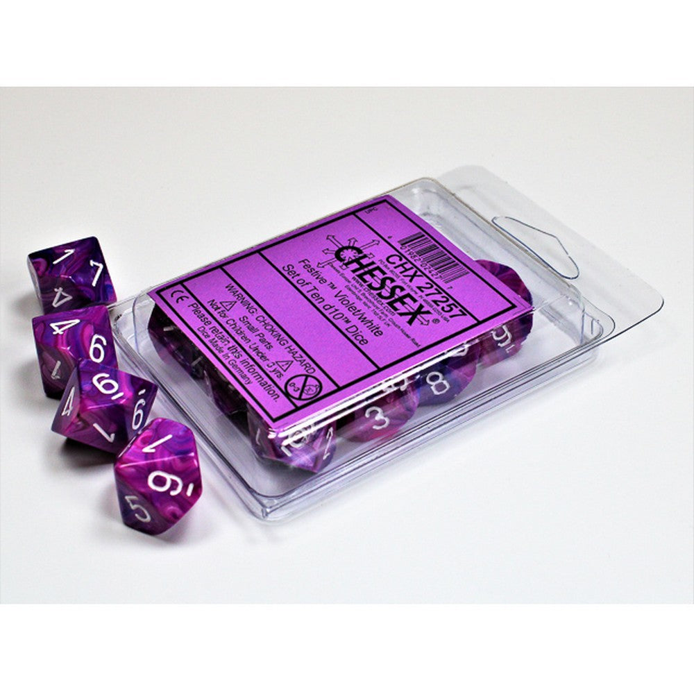 Chessex Festive Violet/White d10 dice, in and out of a clear plastic package