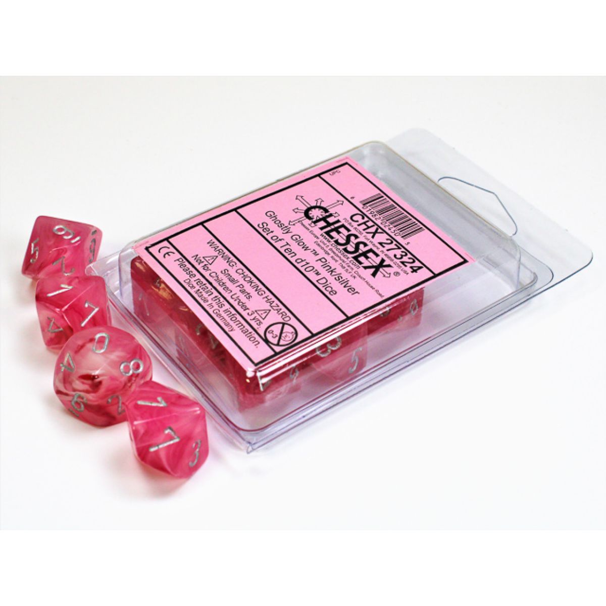 Chessex D10 Dice Ghostly Glow Pink/silver Set of Ten d10s - Good Games
