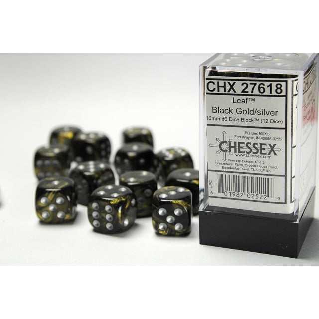 Leaf Black Gold/silver 16mm d6 Dice Block (12 dice)