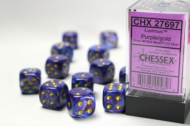 Chessex Lustrous 16mm D6 Purple/Gold (12) (CHX 27697) - Good Games