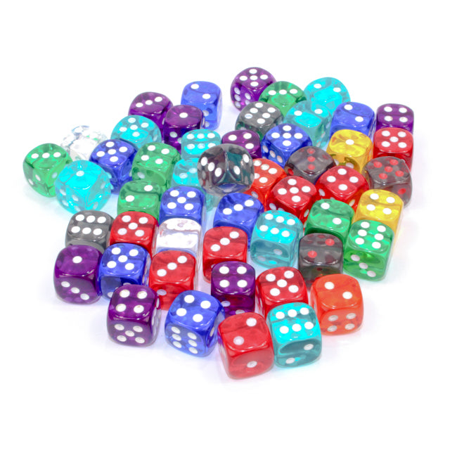Bag of 50 Assorted Loose Translucent 12mm with Pips d6 Dice