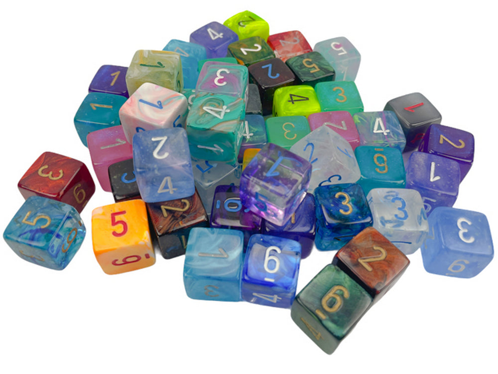 A pile of various colorful polyhedral dice with numbers, scattered on a white background