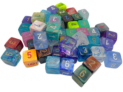 A pile of various colorful polyhedral dice with numbers, scattered on a white background