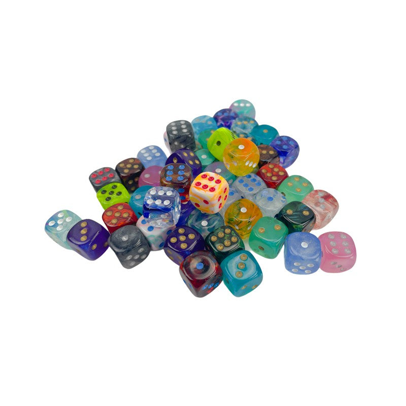 A pile of vibrant, multi-colored dice with visible pips, on a white background