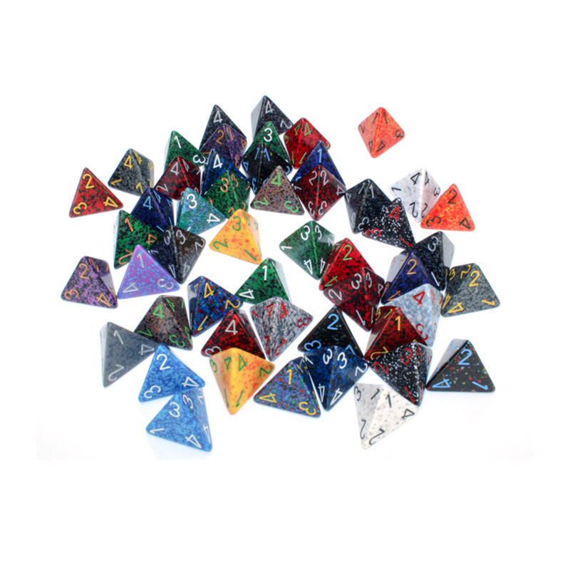 A pile of assorted, speckled D4 gaming dice on a white background