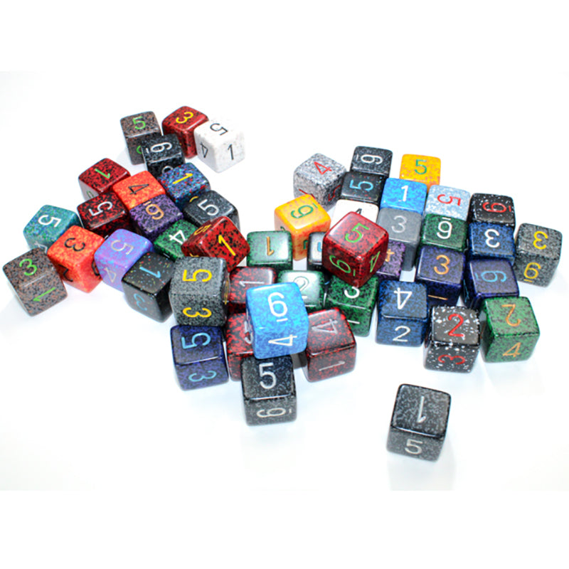 A pile of numerous colourful, speckled D6 dice with numbers scattered on a white background