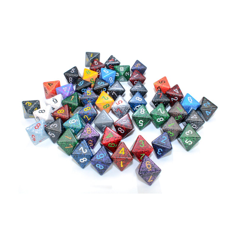 A pile of colourful, sparkling polyhedral dice with visible numbers on a white background