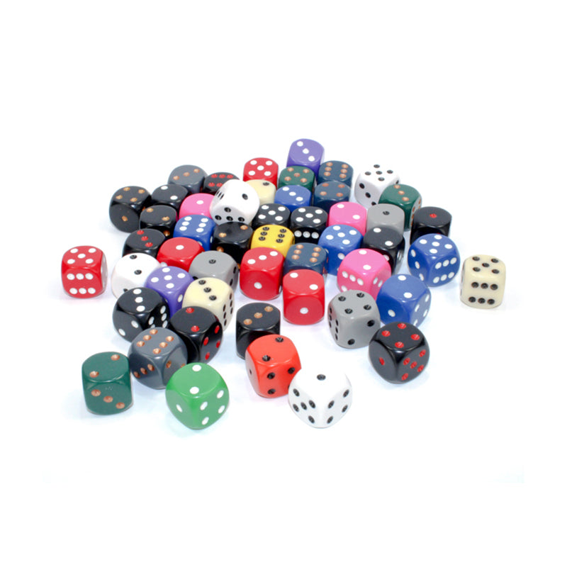 A colorful heap of six-sided dice on a white background