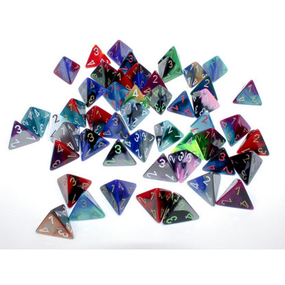 A pile of many colorful four-sided dice (d4s) with visible numbers scattered on a white surface
