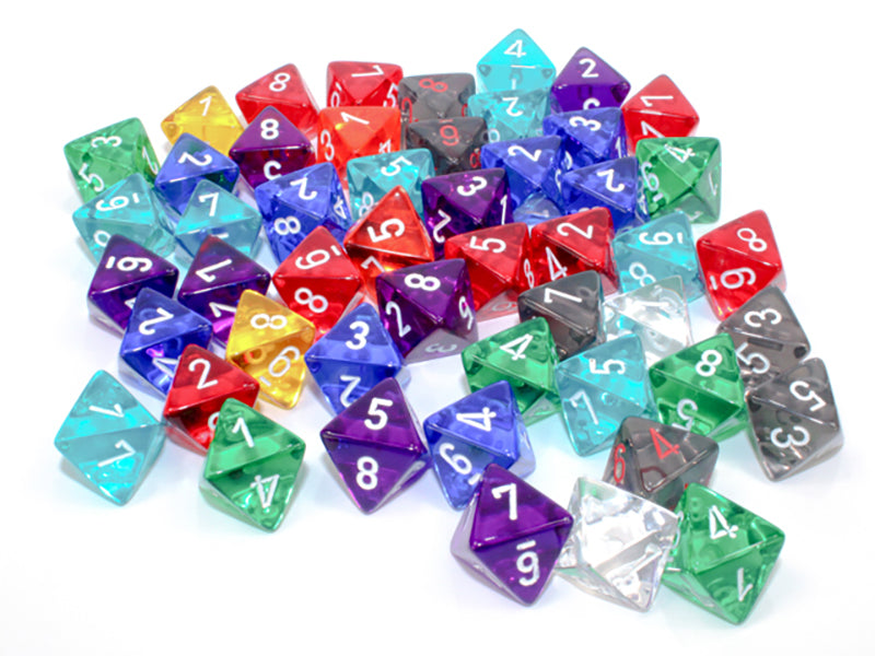 Colorful translucent 10-sided (d10) dice in red, blue, green, yellow, purple, black, and clear, with numbers 0-9, piled on a white surface