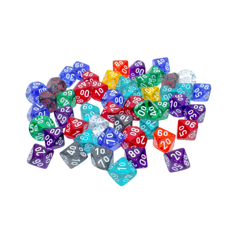 A colorful pile of polyhedral dice, including many percentile dice, on a white background