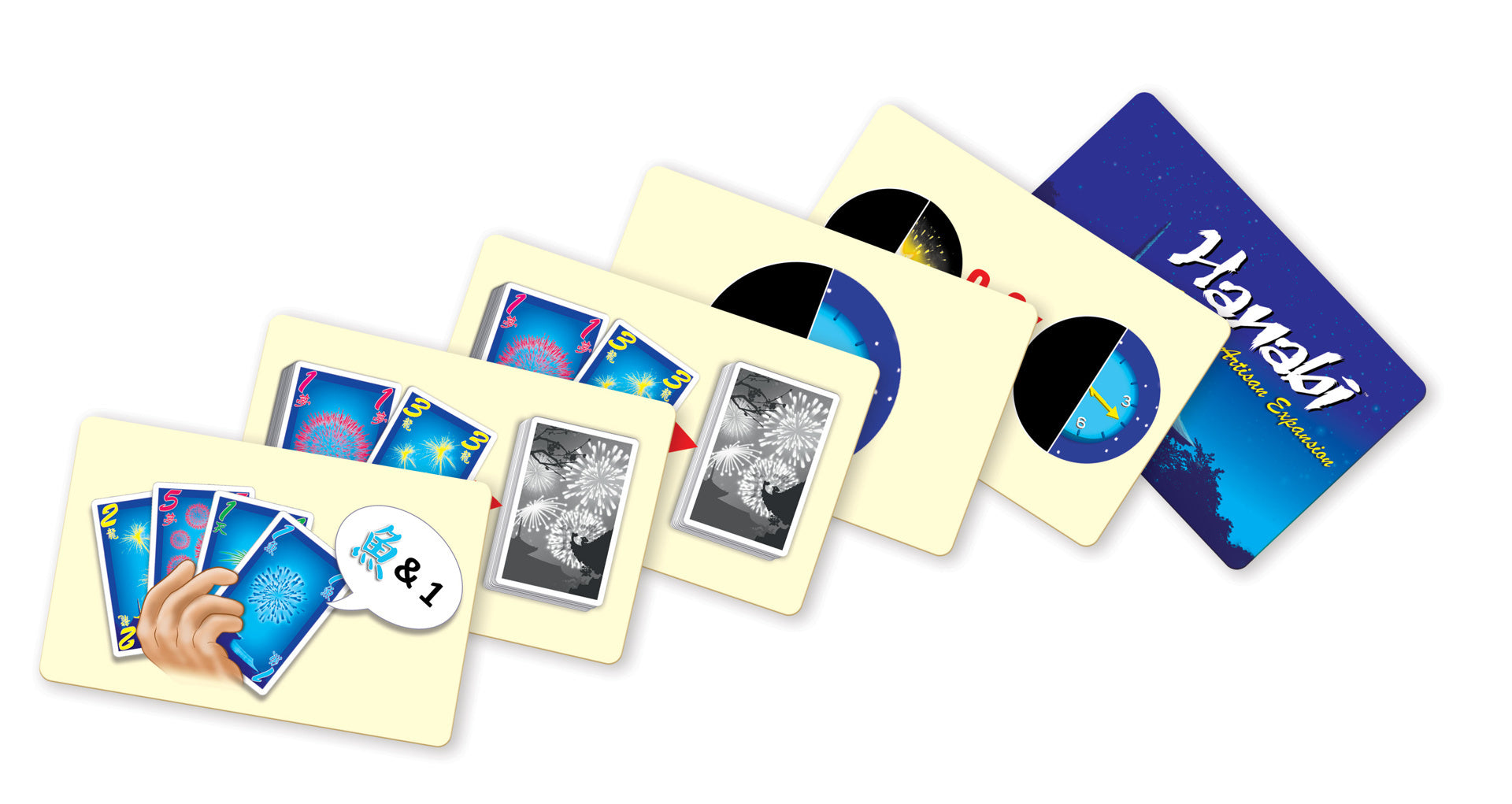 Hanabi Master Artisan Expansion cards spread out, showing fireworks and a clock. A hand gives a clue: 'fish & 1'