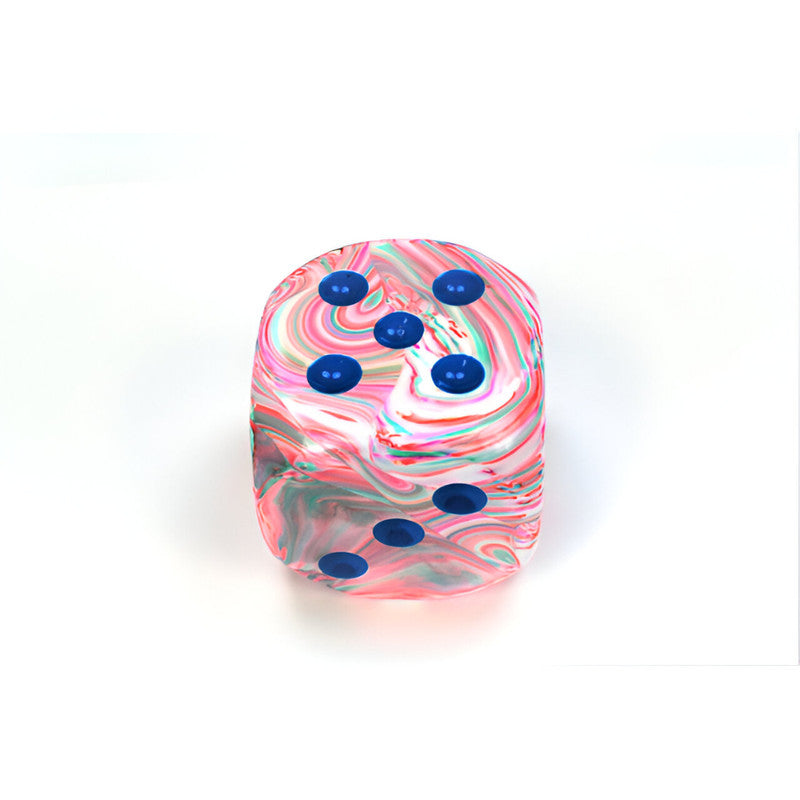 Chessex Festive Pop Art/Blue D6 dice with pink, red, white, and teal swirls, featuring dark blue pips