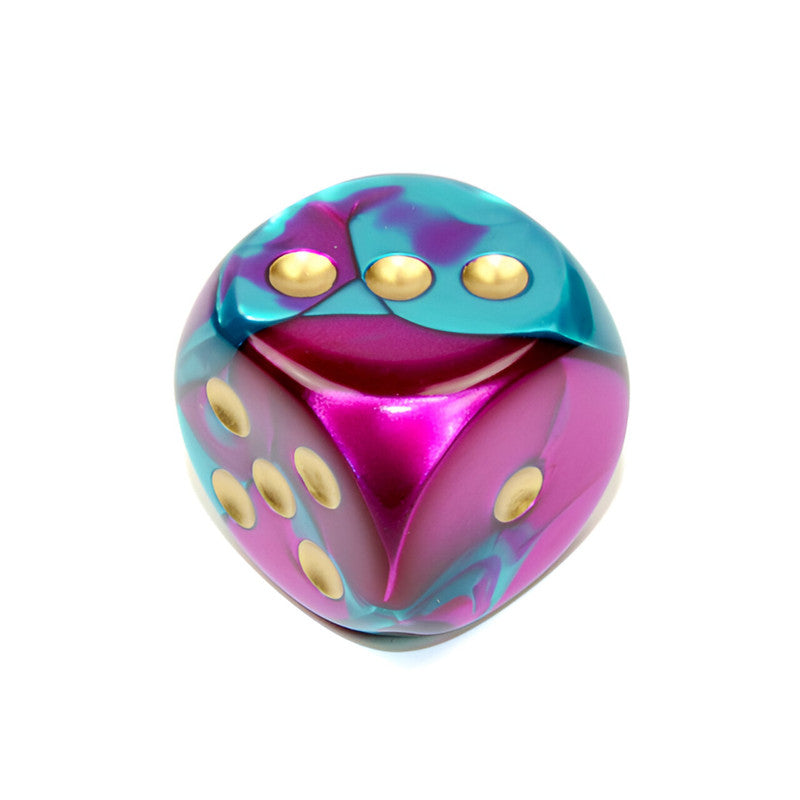 A Chessex Gemini marbled magenta and teal six-sided dice with gold pips showing 3, 5, and 1