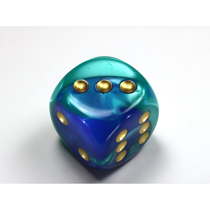 A Chessex Gemini translucent, rounded d6 dice with swirled blue and green colors and metallic gold pips