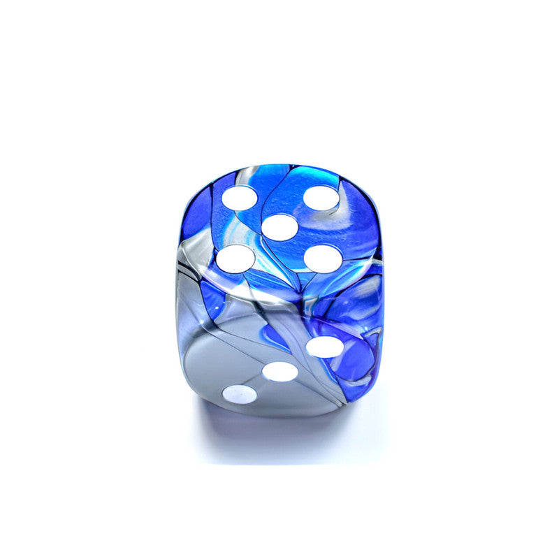 Chessex Gemini Translucent blue and grey swirled d6 dice showing 5 pips on top and 6 on the front face