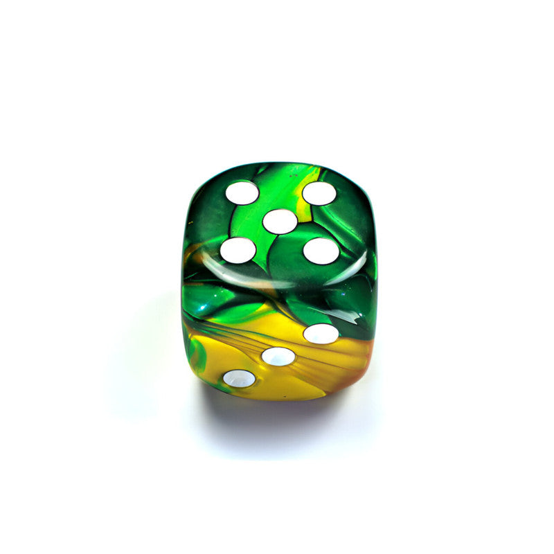 Chessex Gemini Marbled green and yellow d6 dice, showing 5 pips on top and 2 on the side