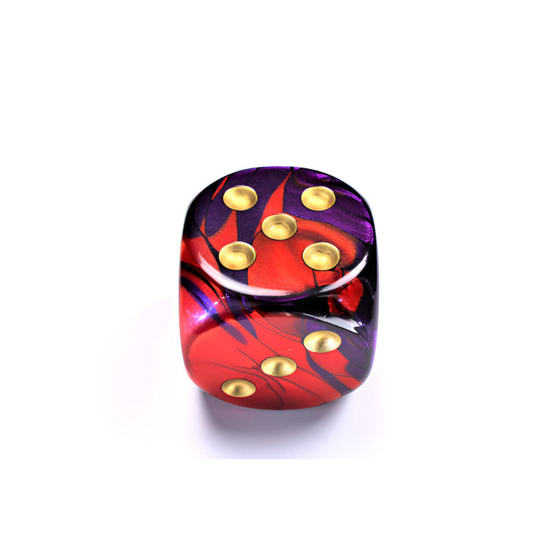 Chessex Gemini Marbled red and purple d6 dice with gold pips, showing 5 on top and 3 on the front