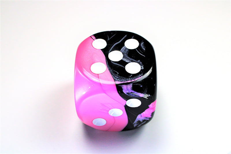 Pink and black marbled Yin-Yang dice with white pips, showing five on top and two on the side