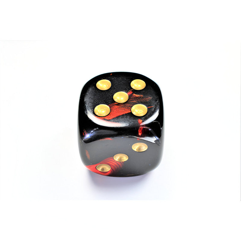 Chessex Gemini Translucent black d6 dice with red swirls and gold pips. Top face shows 5, side shows 3