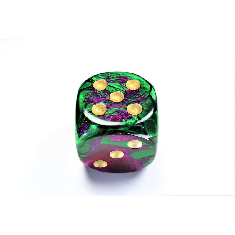 Chessex Gemini Marbled green and purple d6 dice with gold pips, showing 5 on top