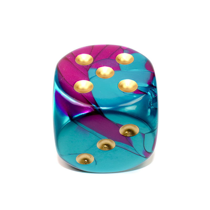 A Chessex Gemini glossy, translucent d6 dice with swirling teal and magenta colors and gold pips, against a white background
