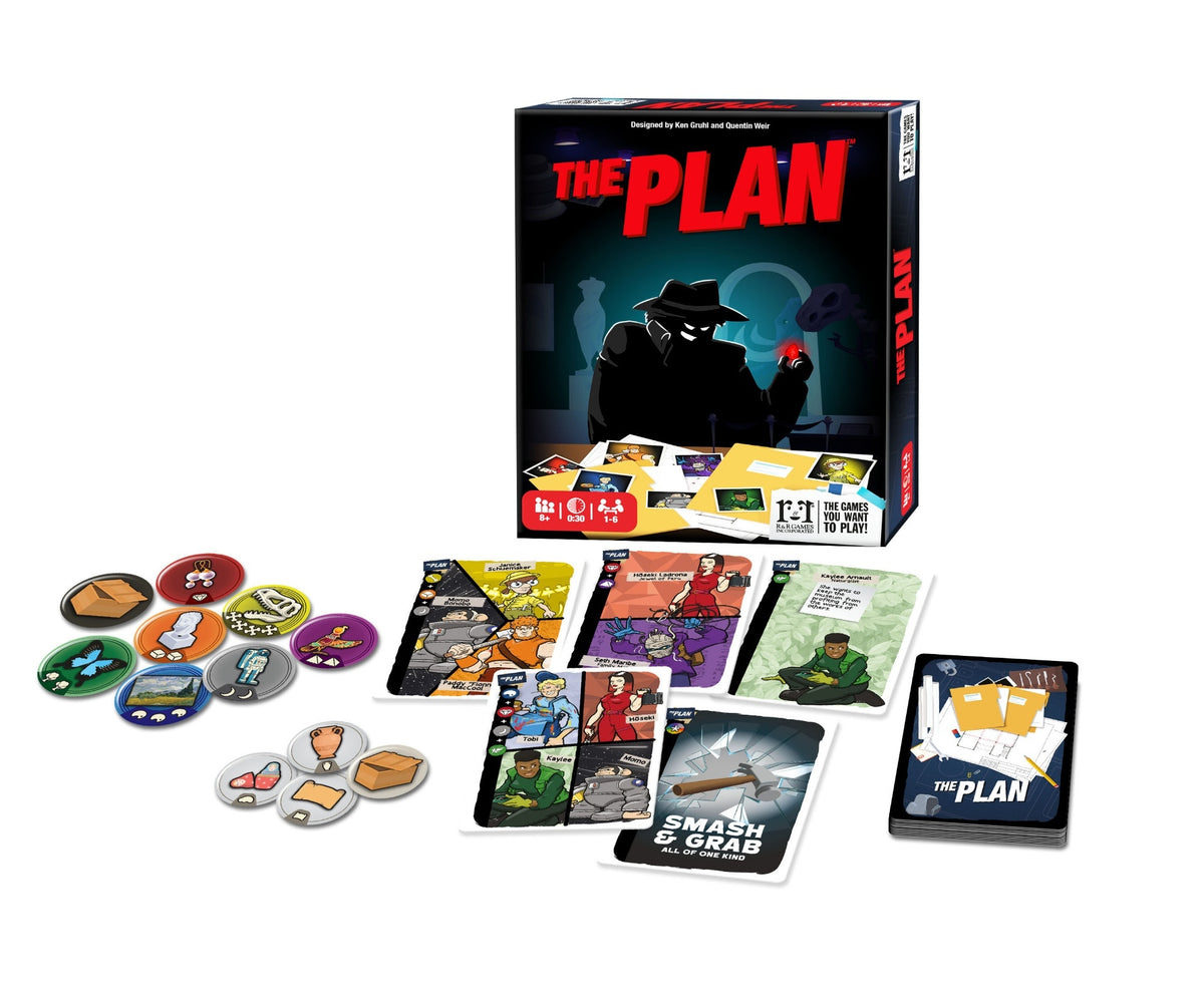 Spread of cards showing artwork from The Plan