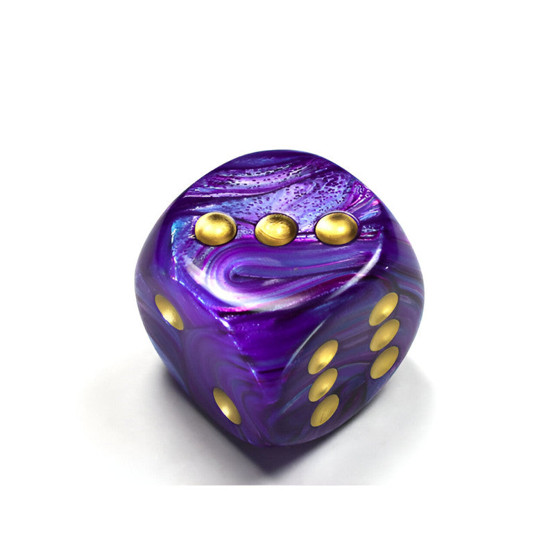 Chessex Lustrous swirling purple, blue, and white marbled d6 dice with gold pips showing 3, 5, and 1