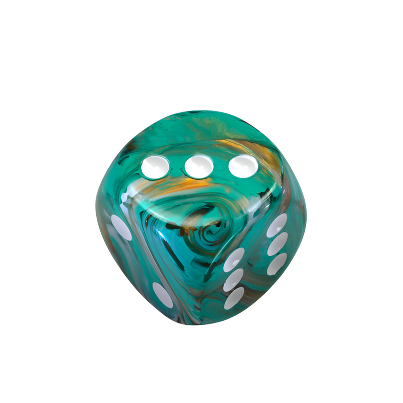 Chessex Marble swirled green, gold, and brown d6 dice showing 3 pips on top, with 5 and 2 visible on sides
