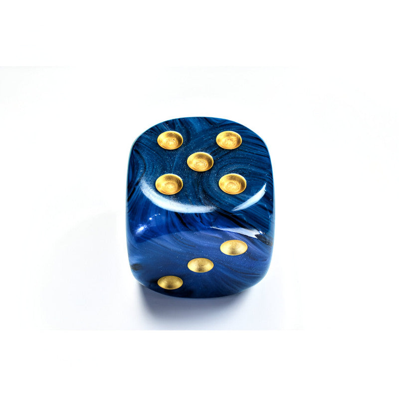 Chessex Phantom Dark blue marbled d6 dice with gold pips, showing 5 on top and 2 on its front face