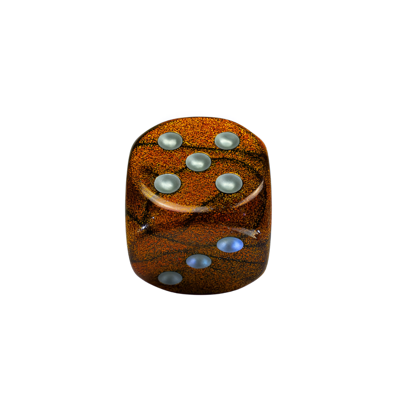 Chessex Glitter rounded, brown-orange d6 dice with a speckled texture. Shows 5 silver pips on its top face and 3 pips on its side