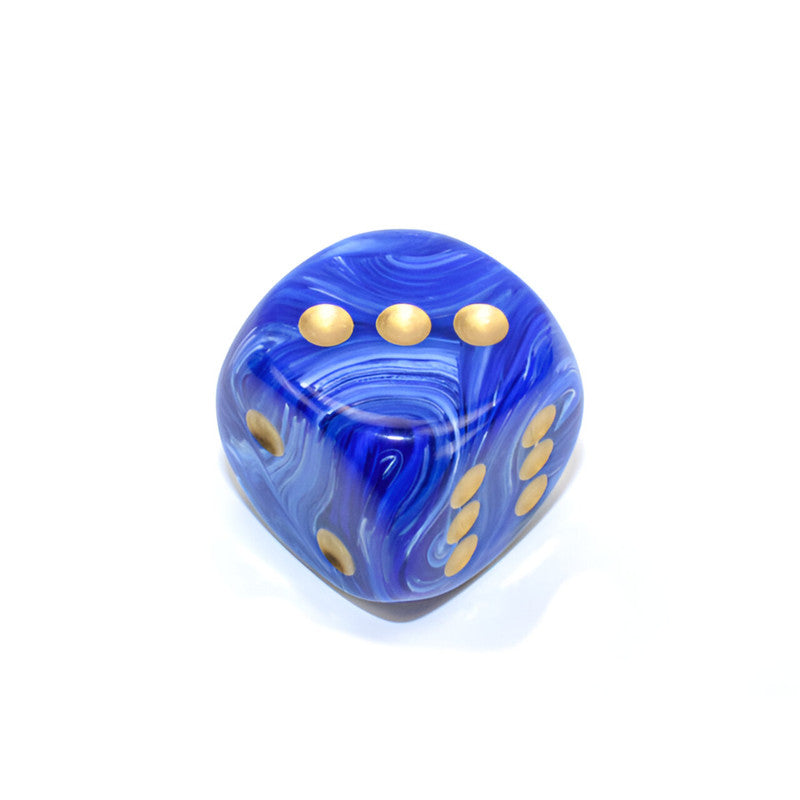 A Chessex Vortex blue marbled d6 dice with gold pips, showing three on the top face