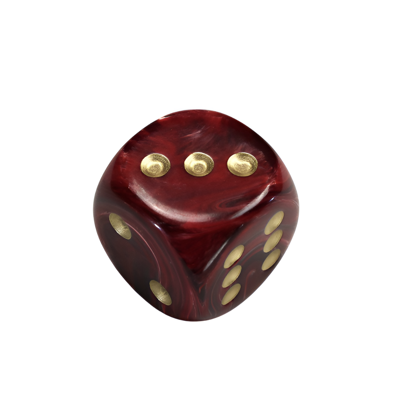 A Chessex Vortex red marbled d6 dice with gold pips showing '3' on top, '5' on the right, and '1' on the left