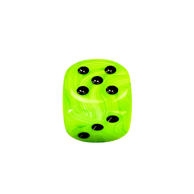 A Chessex Vortex vibrant lime green marbled d6 dice with rounded edges, showing 7 raised black pips