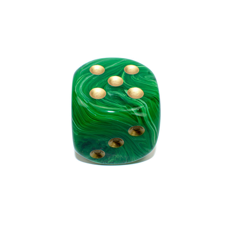 A Chessex Vortex polished, rounded swirling green stone with gold pips, resembling a d6 dice, on a white background