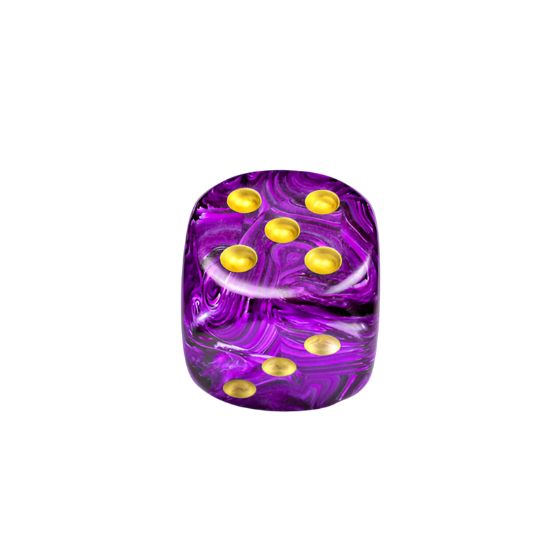 Chessex Vortex purple and black marbled d6 dice with gold pips, showing a five on top