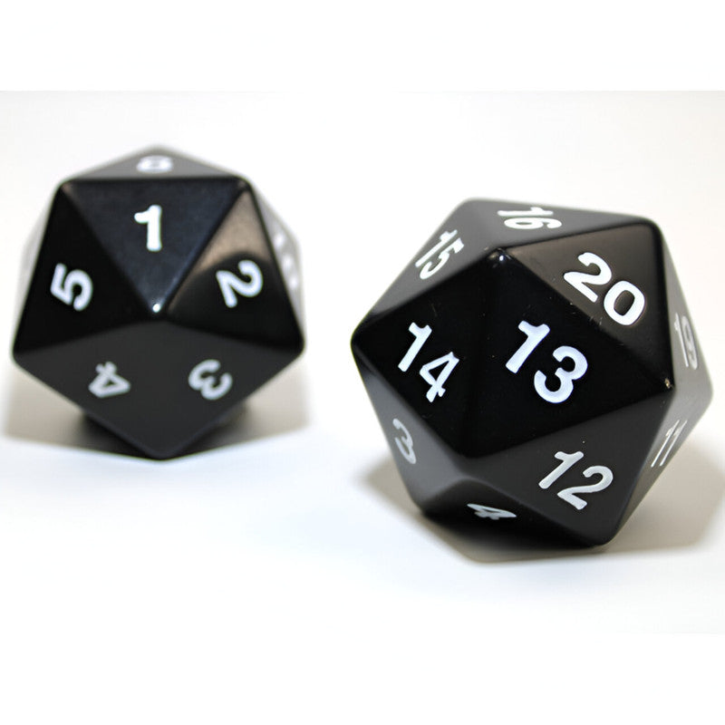 Chessex two black 20-sided dice with white numbers, one showing 1 and the other showing 20
