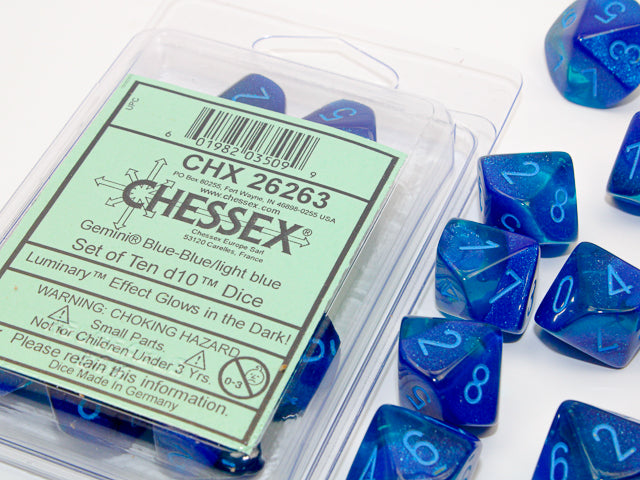 Chessex - Gemini Luminary d10 Dice 10-Piece Set - Blue-Blue/Light Blue - Good Games