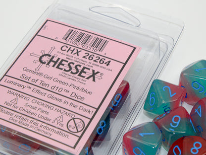 Chessex - Gemini Luminary d10 Dice 10-Piece Set - Gel Green-Pink/Blue - Good Games
