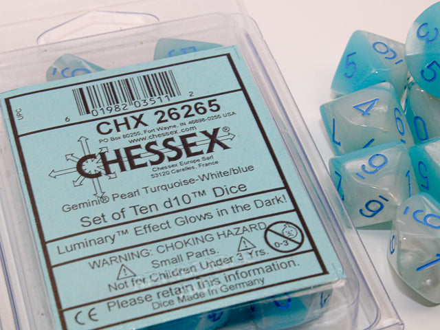 Chessex - Gemini Luminary d10 Dice 10-Piece Set - Pearl Turquoise-White/Blue - Good Games