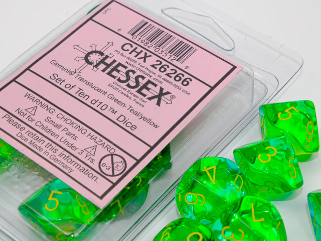 Chessex - Gemini Translucent d10 Dice 10-Piece Set - Green-Teal/Yellow - Good Games