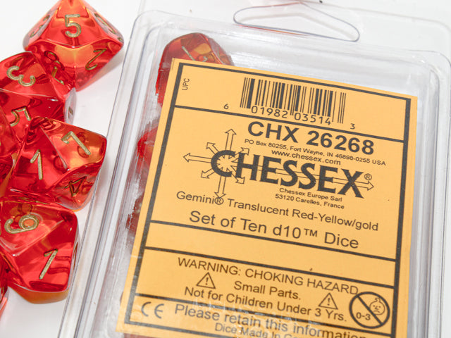 Chessex - Gemini Translucent d10 Dice 10-Piece Set - Red-Yellow/Gold - Good Games