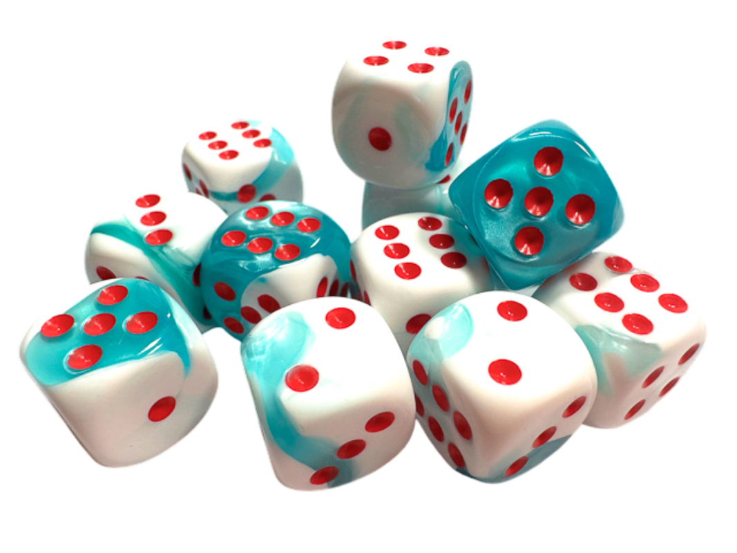 Stack of white and teal marbled dice with bright red pips