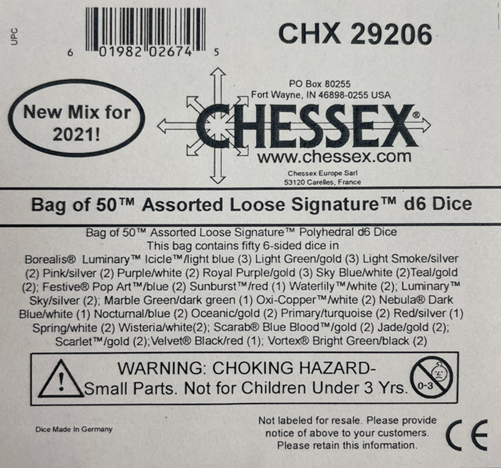 Bag of 50 Assorted Loose Signature d6 Dice," with barcode and warning