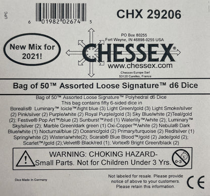 Bag of 50 Assorted Loose Signature d6 Dice," with barcode and warning