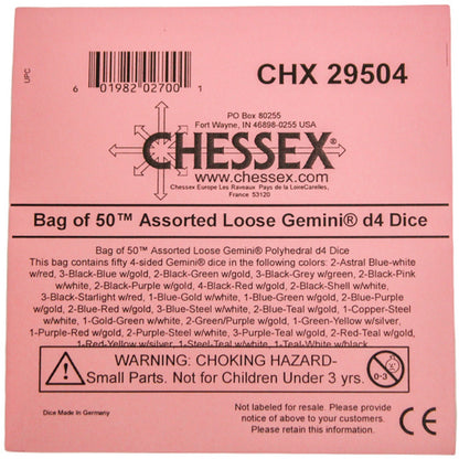 Pink label for Chessex 'Bag of 50 Assorted Loose Gemini d4 Dice', showing barcode and choking hazard